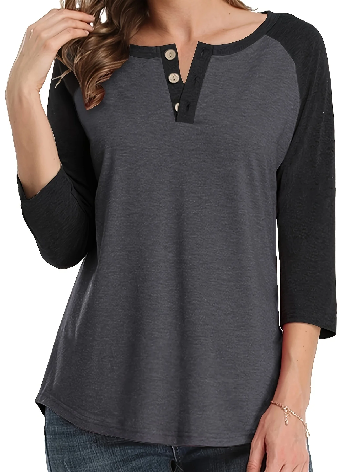 Plus-Size-Notched-Button-Color-Block-Casual-Top-1