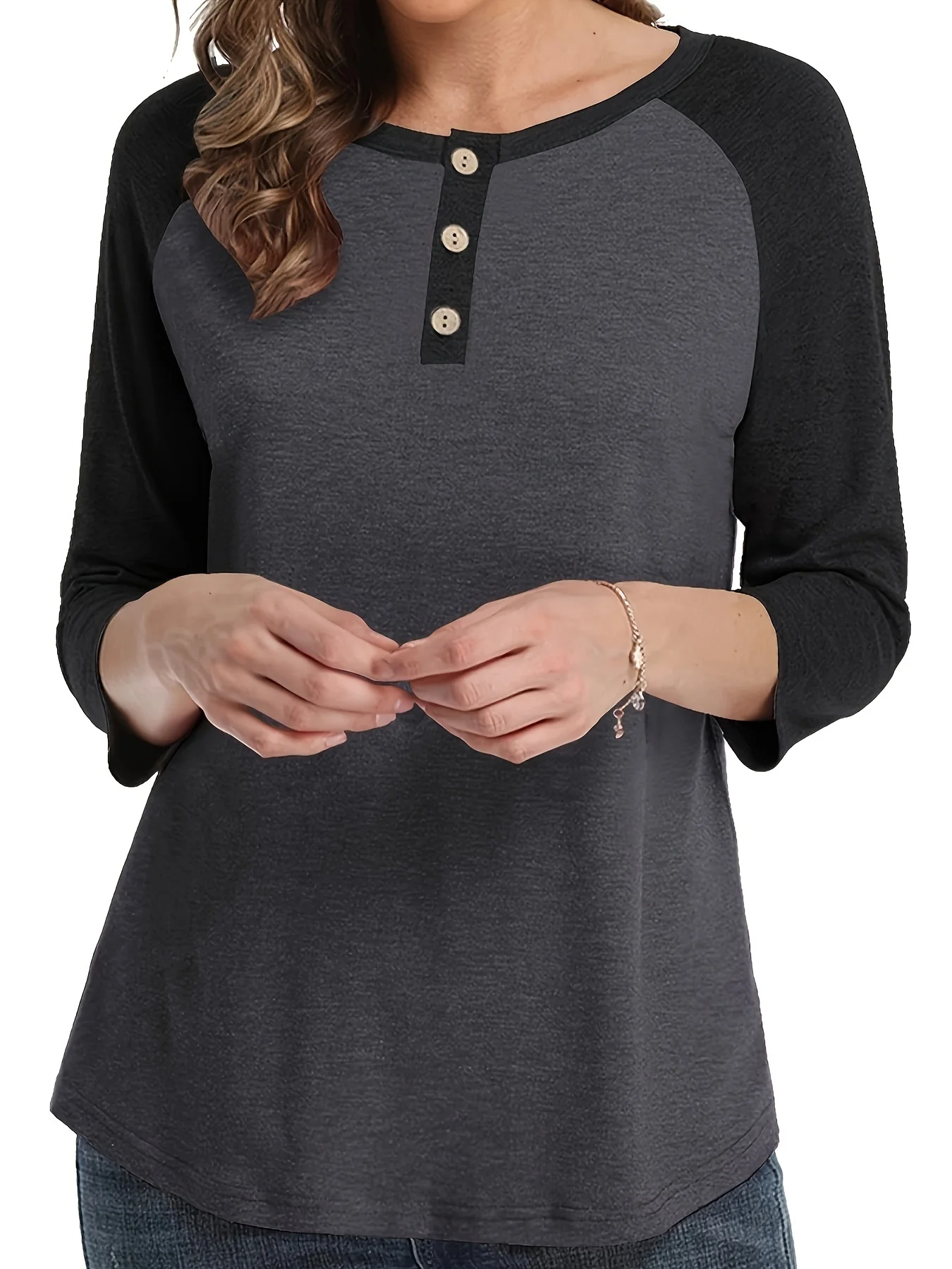 Plus-Size-Notched-Button-Color-Block-Casual-Top-2