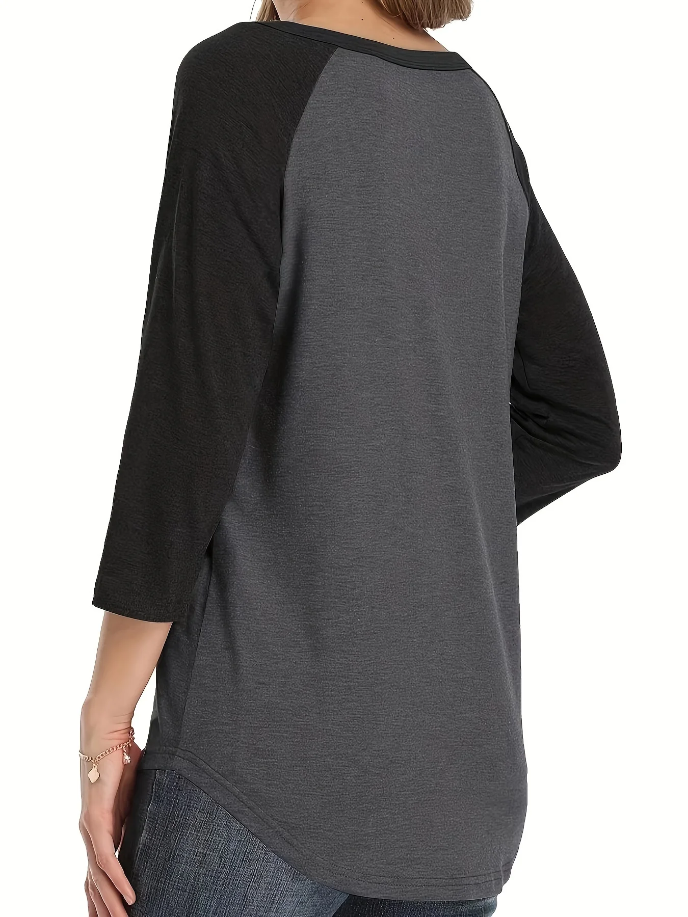 Plus-Size-Notched-Button-Color-Block-Casual-Top-3