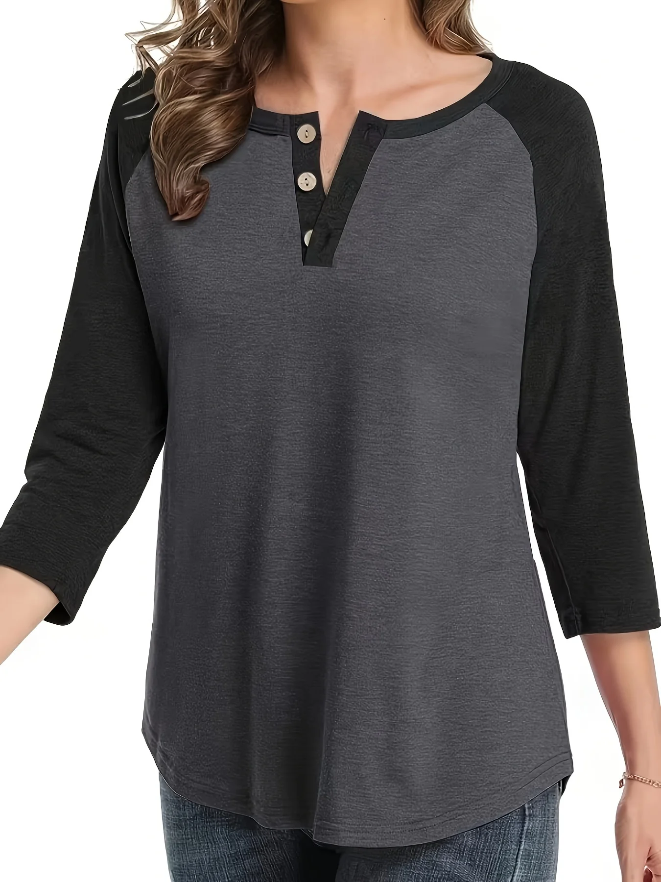 Plus-Size-Notched-Button-Color-Block-Casual-Top